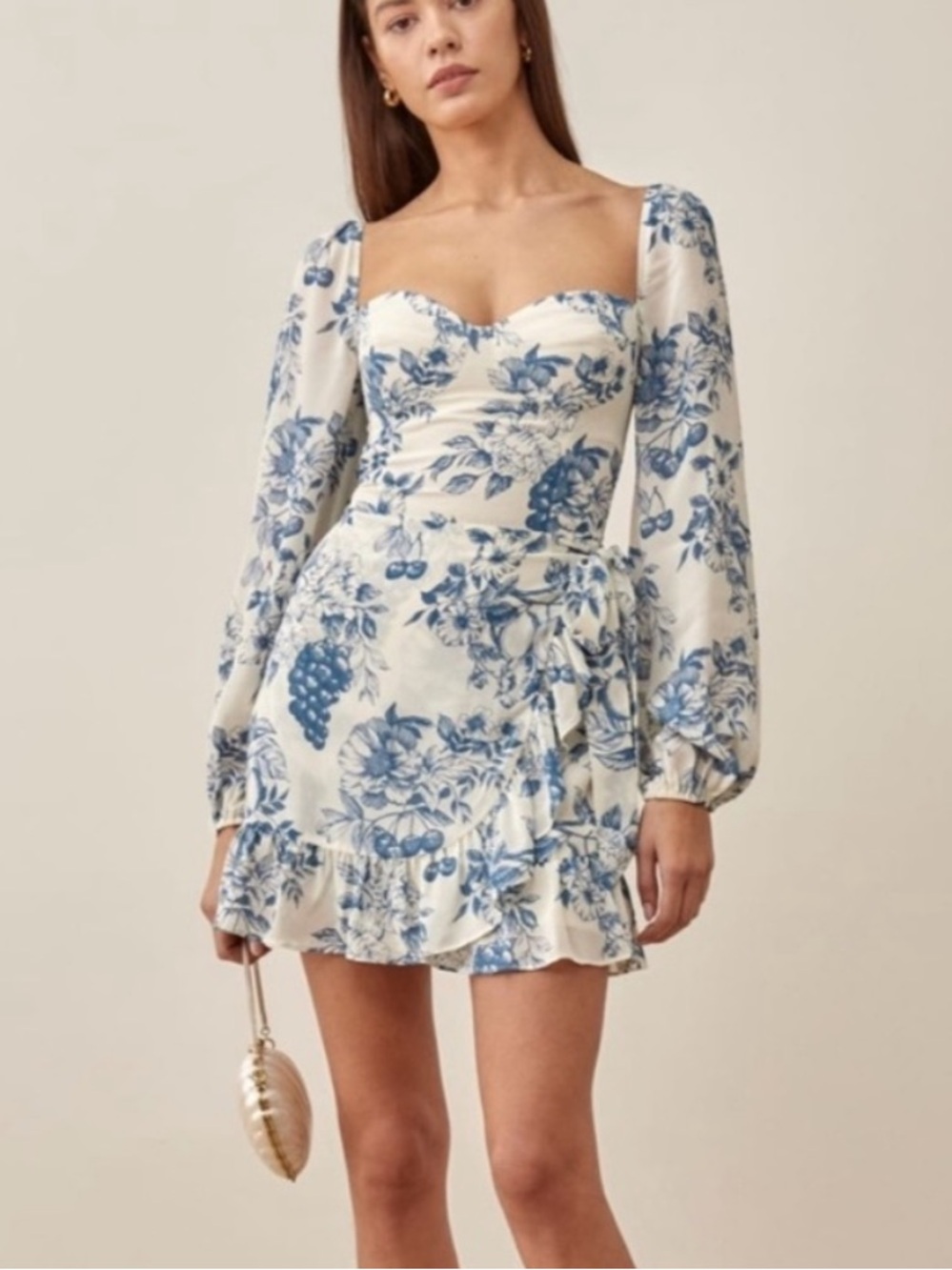 Reformation Cammi Long Sleeve Wrap Minidress Corsica Blue White Floral Size 6